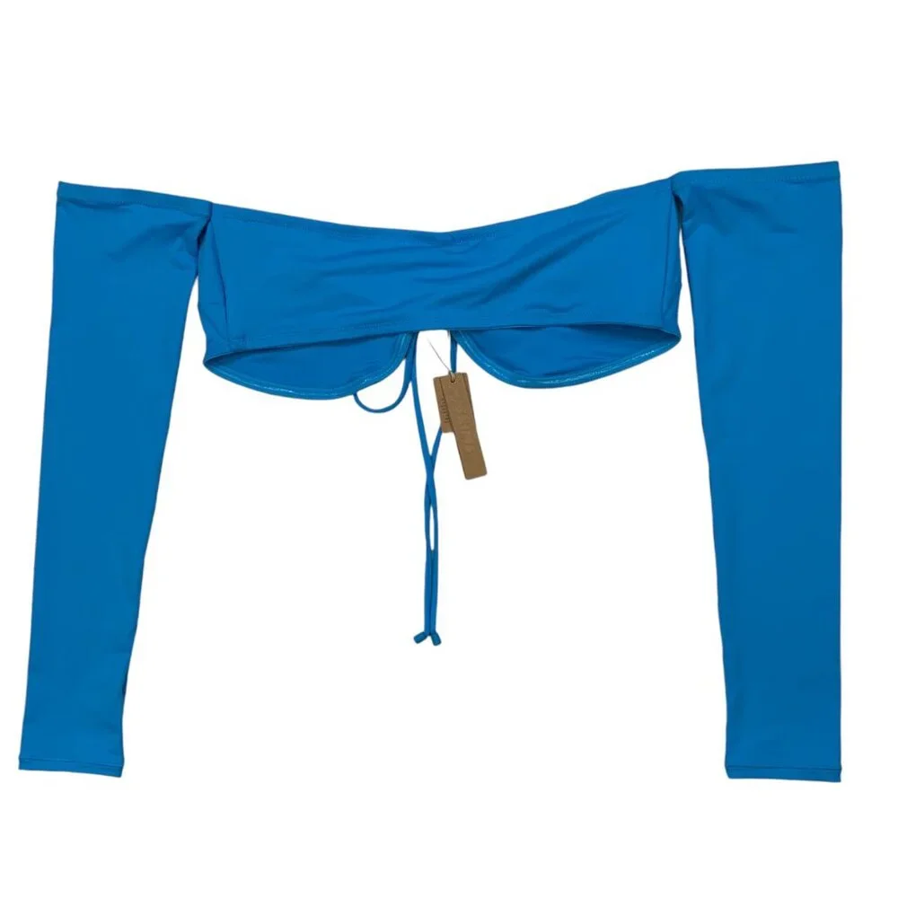 SKIMS Blue Off-Shoulder Long Sleeve Bikini Top